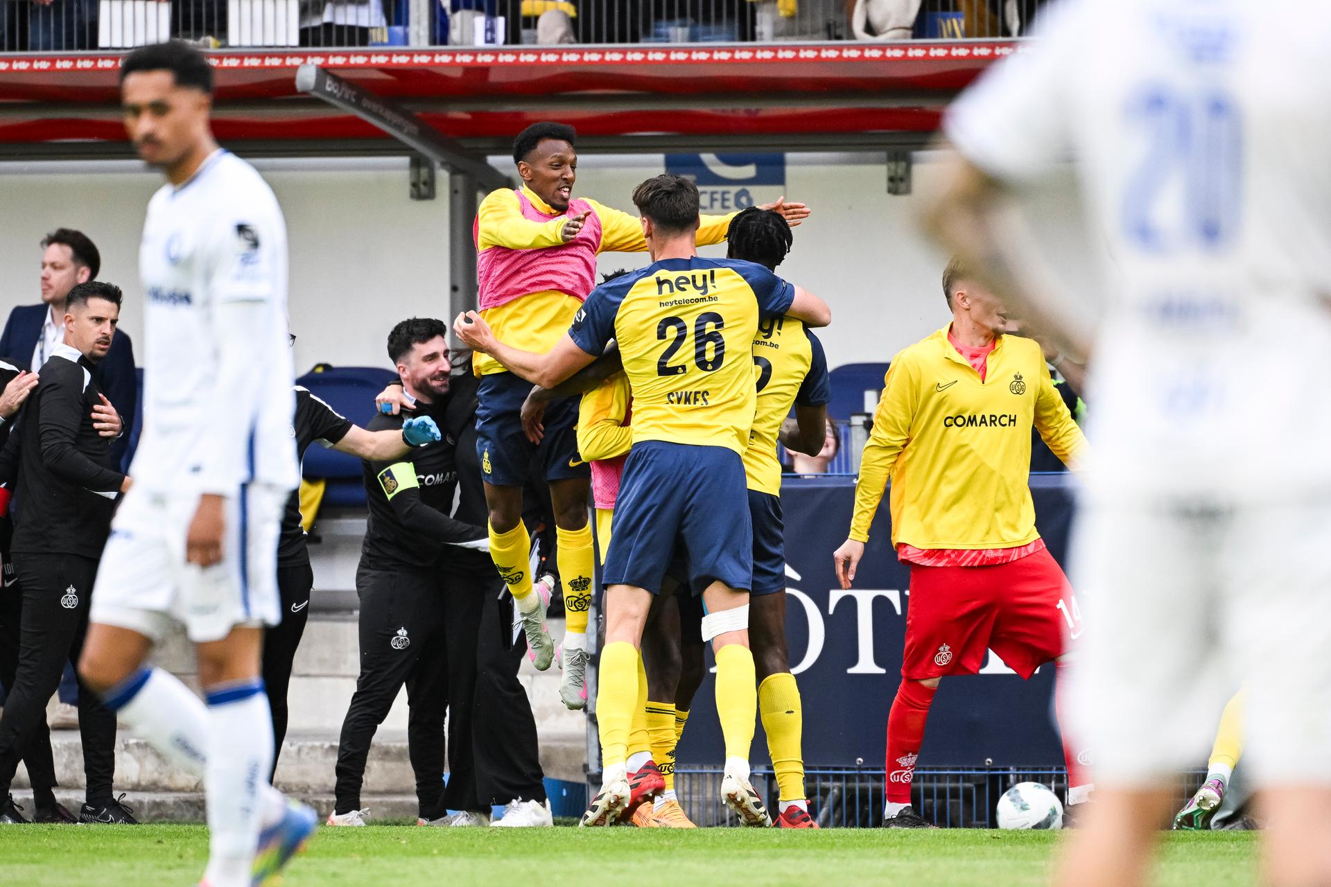 Union's Promise David celebrates after scoring during a soccer match between Royale Union Saint-Gilloise and KAA Gent, Sunday 25 May 2025 in Brussels, on day 10 (out of 10) of the Champions' Play-offs of the 2024-2025 'Jupiler Pro League' first division of the Belgian championship. BELGA PHOTO LAURIE DIEFFEMBACQ
