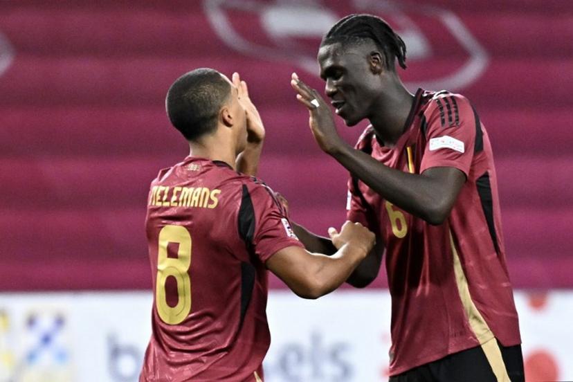 Belgium's midfielder #08 Youri Tielemans (L) celebrates with Belgium's midfielder #06 Amadou Onana after scoring the 2-1 goal during the UEFA Nations League football match League A, Group A2, Day 1, Belgium v Israel in Debrecen, Hungary, on September 6, 2024.  Attila KISBENEDEK / AFP