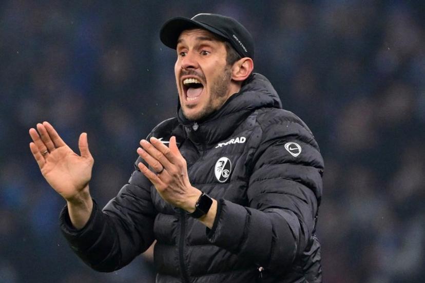 Freiburg's German head coach Julian Schuster reacts from the sidelines during the German Cup (DFB-Pokal) quarter-final football match between Hertha Berlin and SC Freiburg in Berlin on February 10, 2026.  John MACDOUGALL / AFP