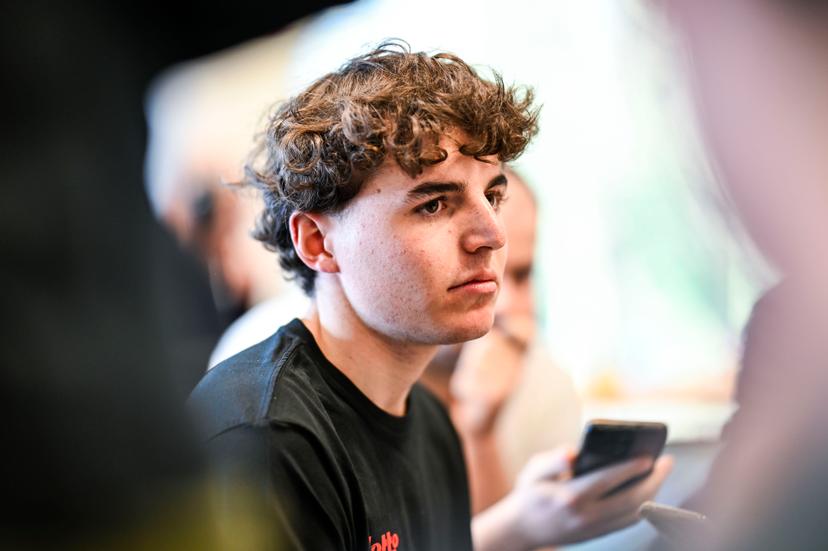Belgian Jarno Widar of Lotto Dstny Development Team speaks with the press at the Lotto Cycling Team media day, in Temse, Friday 03 January 2025. BELGA PHOTO GOYVAERTS