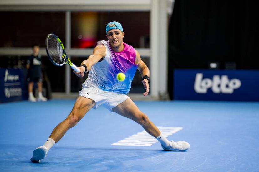 Belgian Tibo Colson pictured in action during the European Open ATP tennis tournament in Brussels, on Monday 13 October 2025. This year's edition of the tournament is taking place from 12 to 19 October 2025. BELGA PHOTO JASPER JACOBS
