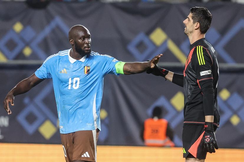 Belgium's Romelu Lukaku and Belgium's goalkeeper Thibaut Courtois pictured during a soccer game between Belgian national team the Red Devils and Ukraine, Thursday 20 March 2025 in Murcia, Spain, the first leg of the play-offs in the Nations League. BELGA PHOTO VIRGINIE LEFOUR