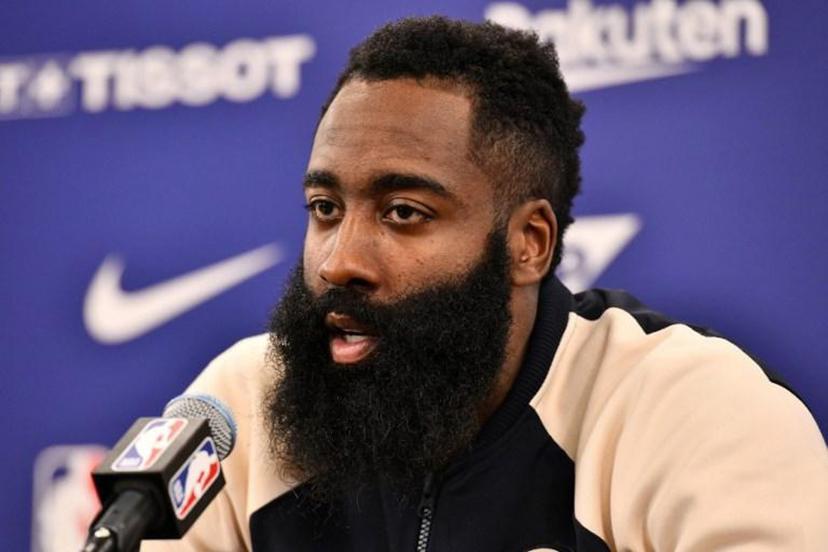 Houston's guard James Harden answers a question after the NBA Japan Games 2019 pre-season basketball match between Houston Rockets and Toronto Raptors in Saitama, northern suburb of Tokyo on October 10, 2019.  TOSHIFUMI KITAMURA / AFP
