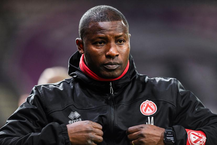 Kortrijk's assistant coach Joseph Akpala pictured during a soccer match between Beerschot VA and KV Kortrijk, Saturday 21 December 2024 in Antwerp, on day 19 of the 2024-2025 season of the 'Jupiler Pro League' first division of the Belgian championship. BELGA PHOTO GOYVAERTS
