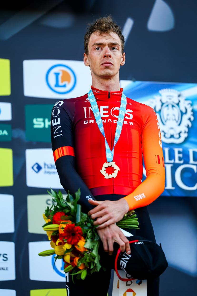 Dutch Thymen Arensman of Ineos Grenadiers pictured on the podium after stage eight of the 83th edition of the Paris-Nice cycling race, 119,9 km from Nice to Nice, France, Sunday 16 March 2025. BELGA PHOTO DAVID PINTENS