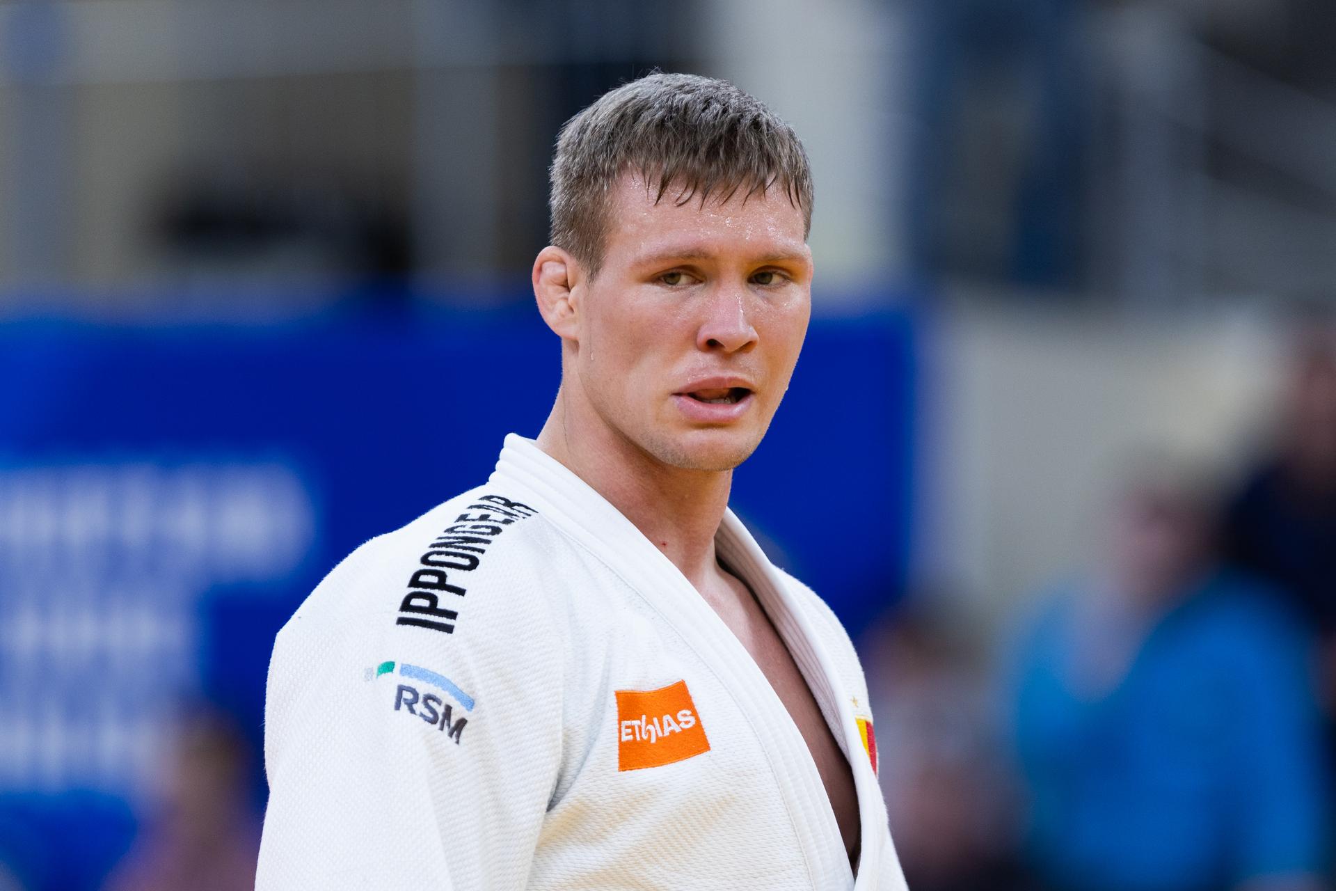 Belgian Matthias Casse (white gi) competes against Bulgarian Valkov (not pictured) in the second round of the men -81kg category, at the European Championships judo in Tbilisi, Georgia, on Saturday 18 April 2026. BELGA PHOTO NIKOLA KRISTC