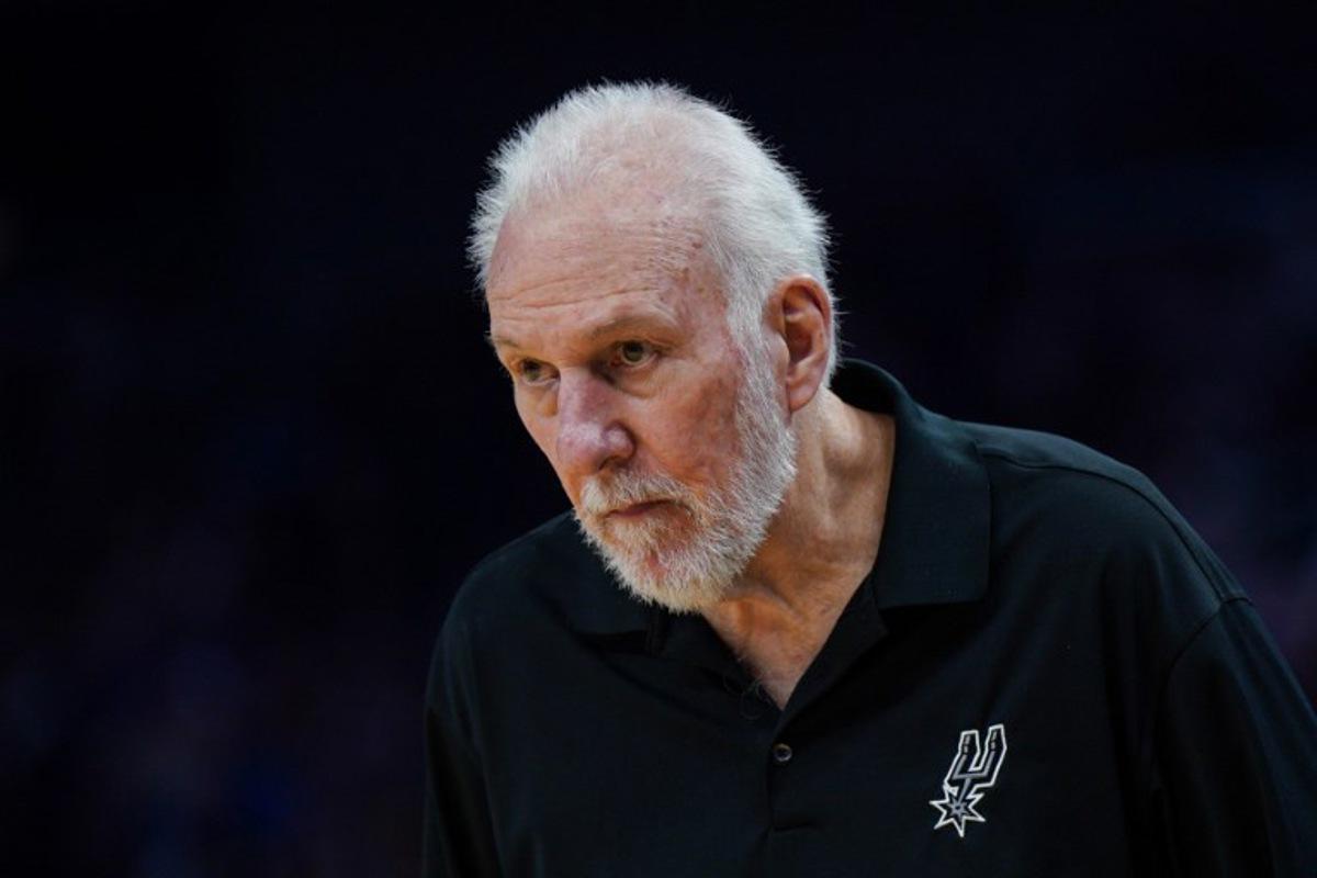 San Antonio Spurs' head coach Gregg Popovich looks on during the NBA preseason game between the San Antonio Spurs and Golden State Warriors at Chase Center in San Francisco, California on October 20, 2023.   Loren Elliott / AFP