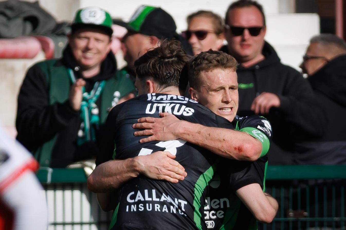 Cercle's Thibo Somers celebrates after scoring during a soccer match between KV Kortrijk and Cercle Brugge, Sunday 30 March 2025 in Kortrijk, on day 1 (out of 6) of the Relegation Play-offs of the 2024-2025 'Jupiler Pro League' first division of the Belgian championship. BELGA PHOTO KURT DESPLENTER