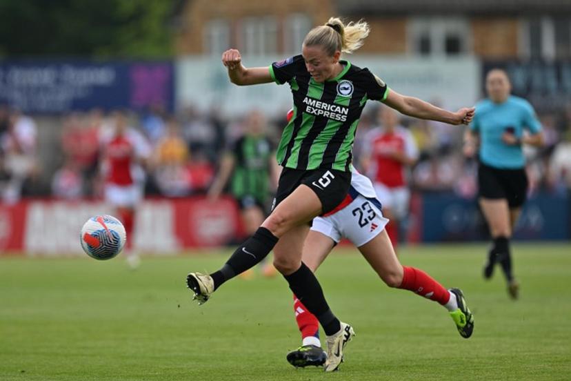 Brighton's Norwegian defender #05 Guro Bergsvand clears the ball during the English Women's Super League football match between Arsenal and Brighton and Hove Albion at Meadow Park, in Borehamwood, on May 18, 2024.  Glyn KIRK / AFP