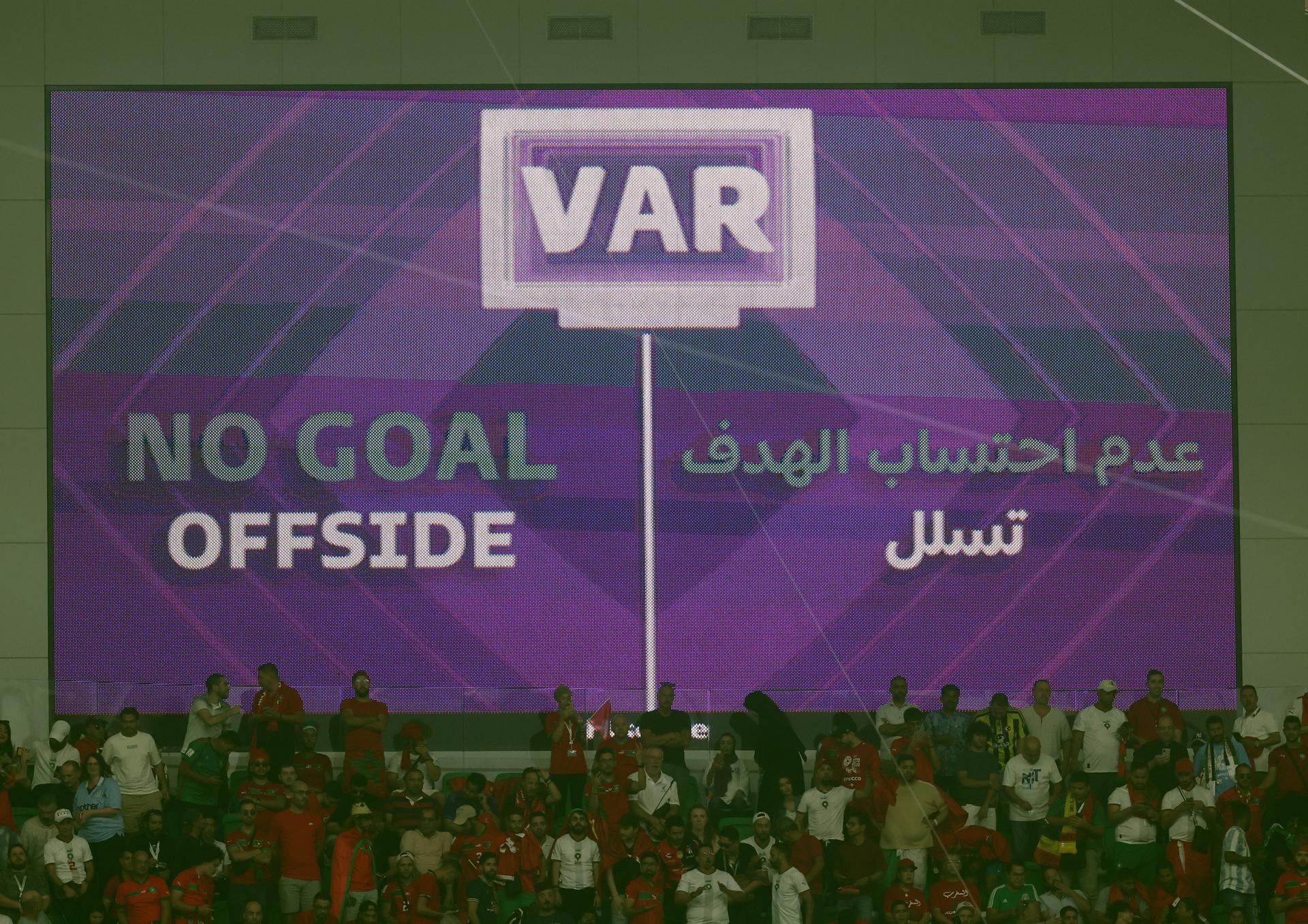 Illustration shows the giant screen with VAR Offside during a soccer game between Belgium's national team the Red Devils and Morocco, in Group F of the FIFA 2022 World Cup in Al Thumama Stadium, Doha, State of Qatar on Sunday 27 November 2022. BELGA PHOTO BRUNO FAHY