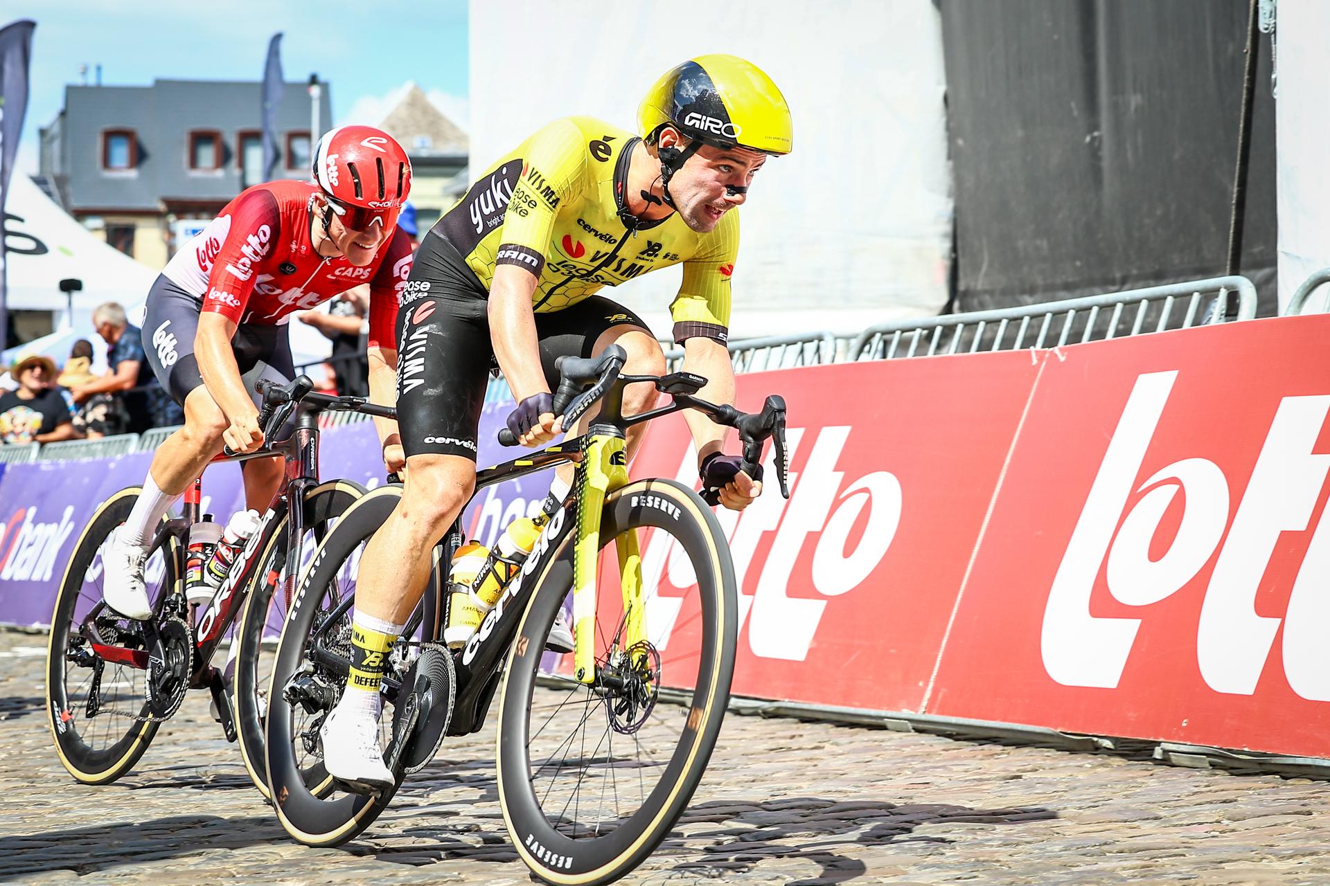 Belgian Victor Campenaerts of Team Visma-Lease a Bike pictured in action during the men's elite road race of the Belgian Cycling Championships, 230km from and to the Grand Place square in Binche on Sunday 29 June 2025. BELGA PHOTO DAVID PINTENS