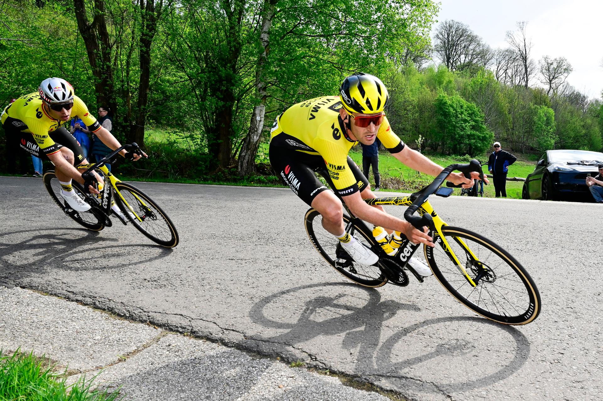 Belgian Wout van Aert of Team Visma-Lease a Bike and Belgian Tiesj Benoot of Team Visma-Lease a Bike pictured in action during the men elite 'Amstel Gold Race' one day cycling race, 255,9 km from Maastricht to Valkenburg, The Netherlands, Sunday 20 April 2025. BELGA PHOTO DIRK WAEM