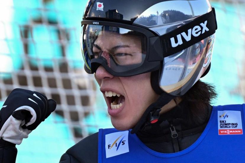 Japan's Ren Nikaido reacts after his jump during the first round of the Men's Individual Large Hill HS128 event of the FIS Ski Jumping World Cup, the third leg of the Four Hills Tournament, in Innsbruck, Austria on January 4 , 2026.  KERSTIN JOENSSON / AFP