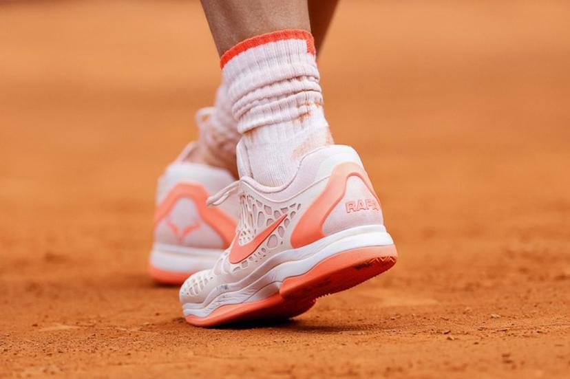 This photograph shows Spain's Rafael Nadal's shoes during the third round of the 2024 ATP Tour Madrid Open tournament tennis match at Caja Magica in Madrid on April 29, 2024.  OSCAR DEL POZO / AFP