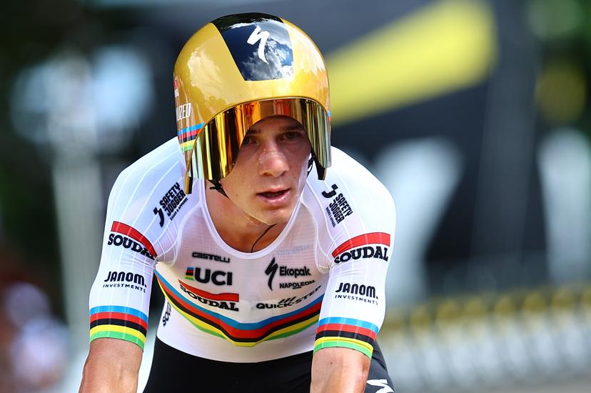 Belgian Remco Evenepoel of Soudal Quick-Step pictured in action during the men's elite individual time trial of the Belgian Cycling Championships, 40,2km, in Brasschaat, on Friday 27 June 2025. BELGA PHOTO DAVID PINTENS