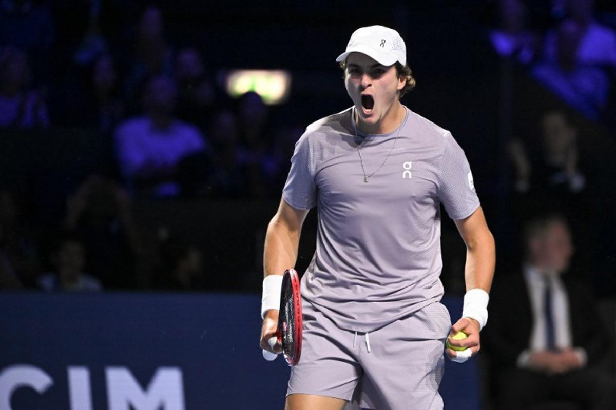 Brazil's Joao Fonseca reacts as he competes against Spain's Alejandro Davidovich Fokina during their men's final match at the Swiss Indoors ATP 500 tennis tournament in Basel on October 26, 2025.  Fabrice COFFRINI / AFP