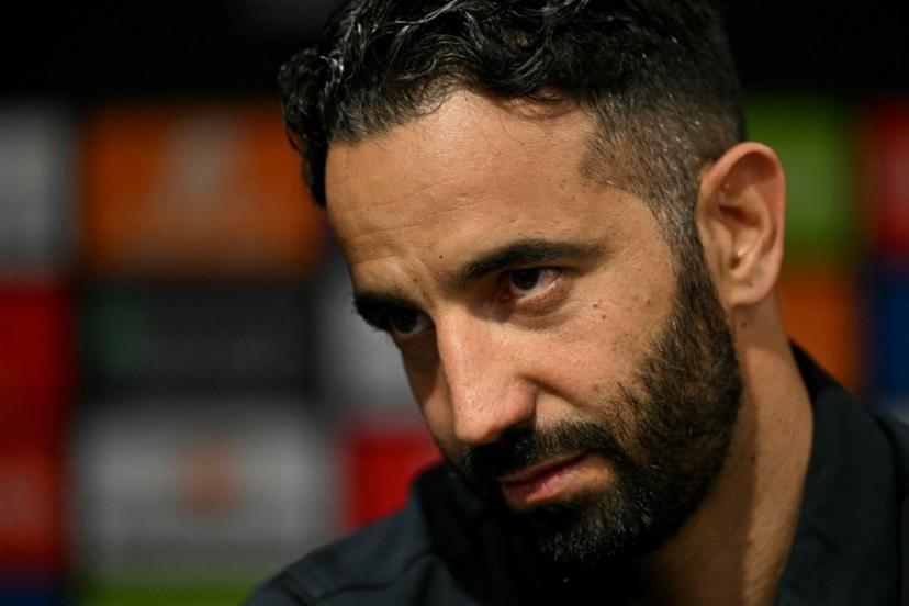 Manchester United's Portuguese head coach Ruben Amorim looks on during a press conference at Old Trafford in Manchester, north-west England on May 14, 2025 during a media day ahead of their UEFA Europa League final against Tottenham Hotspur. The UEFA Europa League final will take place on May 21 in Bilbao. Oli SCARFF / AFP