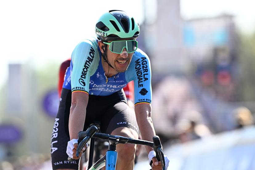 Belgian Dries De Bondt of Decathlon AG2R La Mondiale Team crosses the finish line of the men elite race of the 'Dwars Door Vlaanderen' cycling event, 184,2km from Roeselare to Waregem, Wednesday 02 April 2025. BELGA PHOTO JASPER JACOBS