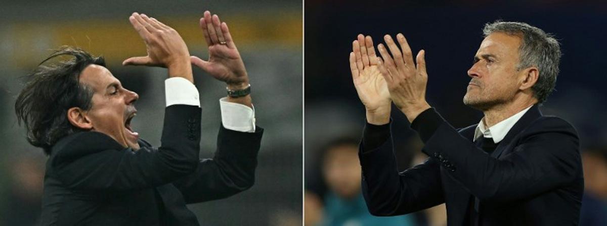 (COMBO) This combination of pictures created on May 28, 2025 shows Inter Milan's Italian coach Simone Inzaghi (L) reacting during the Italian Serie A football match between Inter Milan and Napoli at San Siro stadium in Milan, on November 10, 2023 and Paris Saint-Germain's Spanish coach Luis Enrique reacts after loosing the UEFA Champions League, football match between Paris Saint-Germain (PSG) and Atletico Madrid, at the Parc des Princes stadium in Paris on November 6, 2024.  It has taken almost 15 years of huge spending by their Qatari owners and an overdue shift away from signing glamorous superstars, but Paris Saint-Germain go into the May 31, 2025 Champions League final against Inter Milan as favourites to finally win the coveted trophy for the first time. FRANCK FIFE, Gabriel BOUYS / AFP