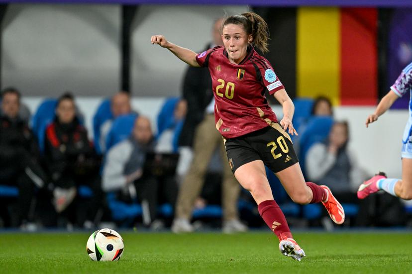 Belgium's Marie Detruyer is pictured in action during a soccer game between Belgium's national women's team the Red Flames and Spain, on Friday 05 April 2024 in Heverlee, Leuven, match 1/6 of the qualifications of the 2025 European Championships. BELGA PHOTO DAVID CATRY