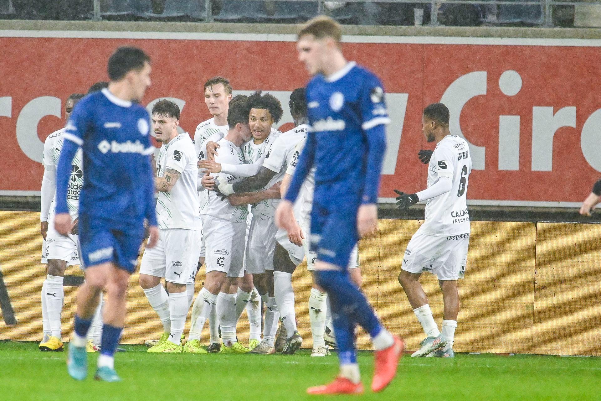 Cercle's Dante Vanzeir celebrates after scoring during a soccer match between KAA Gent and Cercle Brugge, Friday 20 February 2026 in Gent, on day 26 of the 2025-2026 'Jupiler Pro League' first division of the Belgian championship. BELGA PHOTO TOM GOYVAERTS