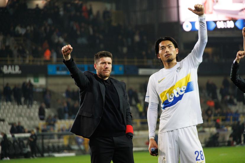 Union's head coach Sebastien Pocognoli and Union's Koki Machida celebrate after winning a soccer match between Club Brugge and Royale Union Saint-Gilloise, Thursday 24 April 2025 in Brugge, on day 5 (out of 10) of the Champions' Play-offs of the 2024-2025 'Jupiler Pro League' first division of the Belgian championship. BELGA PHOTO KURT DESPLENTER