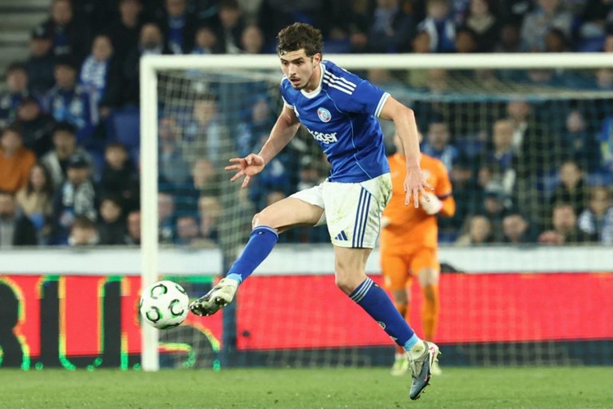 Strasbourg's Argentine forward #09 Joaquin Panichelli controls the ball during the UEFA Europa Conference League last 16 second leg football match between RC Strasbourg Alsace and Rijeka at the Stade de la Meinau in Strasbourg, eastern France, on March 19, 2026.  Frederick FLORIN / AFP