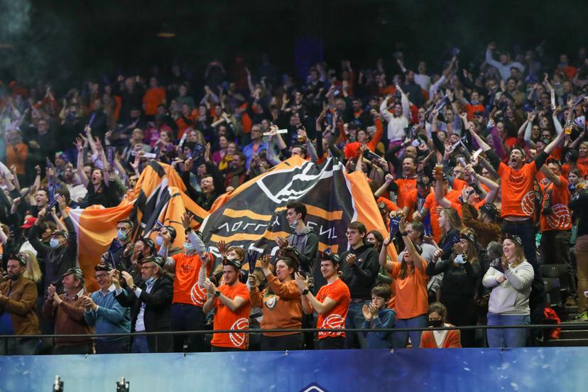 Fans pictured during the match between Caruur Volley Gent and Lindemans Aalst, the final match in the men Belgian volleyball cup competition, Sunday 27 February 2022 in Merksem, Antwerp. BELGA PHOTO MARIJN DE KEYZER