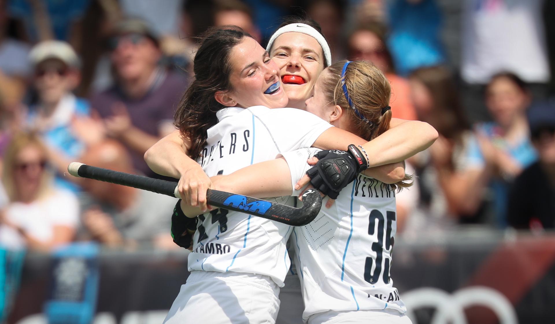 Braxgata's Astrid Vandermeiren celebrates after scoring during a hockey game between Gantoise and Braxgata, Sunday 12 May 2024 in Antwerp, the return leg of the finals of the playoffs in the Belgian Hockey League women during the 2023-2024 season. BELGA PHOTO VIRGINIE LEFOUR