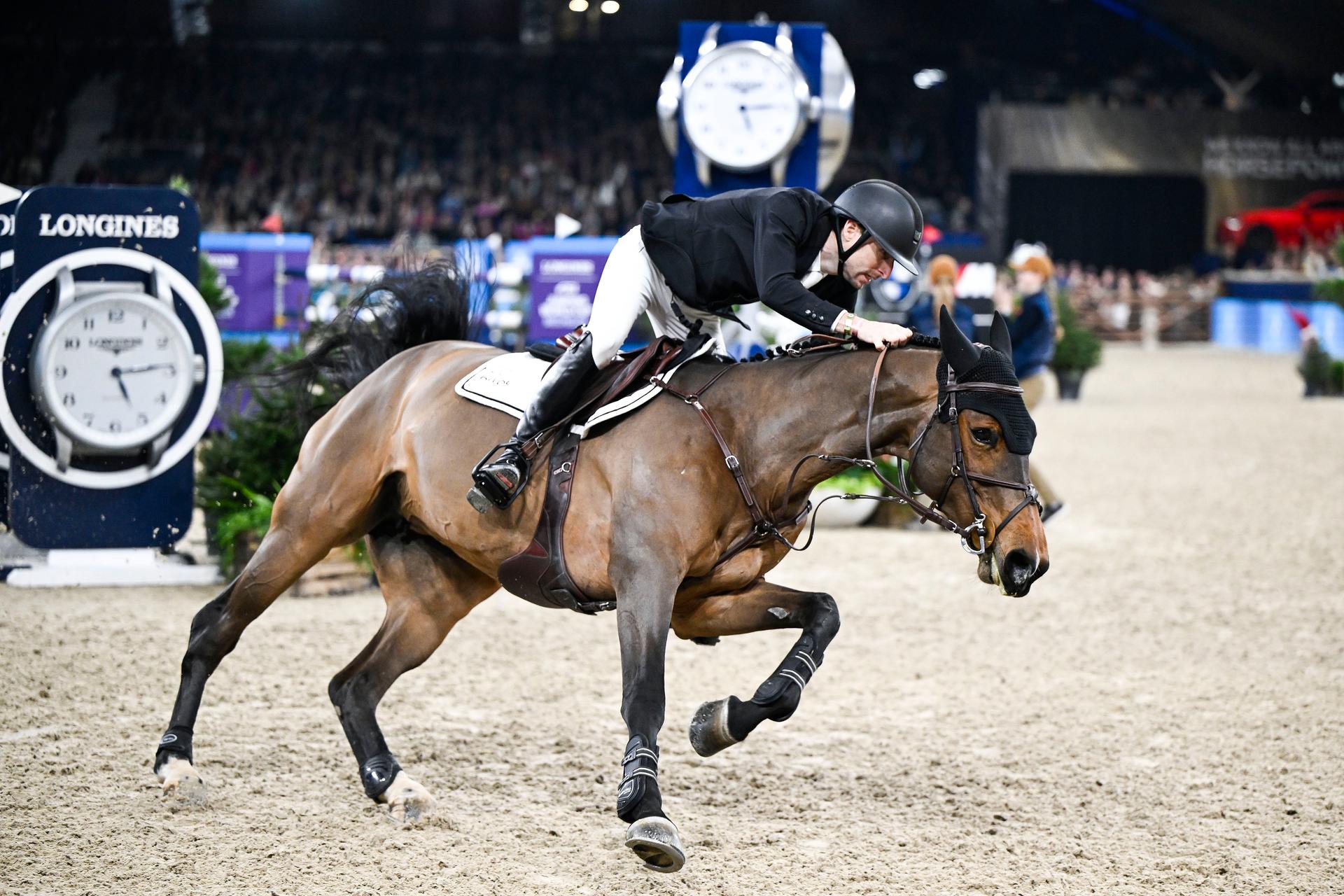Belgian Pieter Devos with Casual Dv Z pictured in action during the FEI World Cup Jumping competition at the 'Vlaanderens Kerstjumping - Memorial Eric Wauters' equestrian event in Mechelen on Monday 30 December 2024. BELGA PHOTO TOM GOYVAERTS