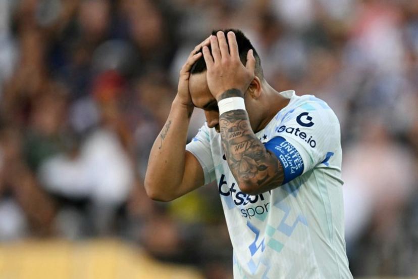 Inter Milan's Argentine forward #10 Lautaro Martinez reacts during the FIFA Club World Cup 2025 Group E football match between Mexico's Monterrey and Italy's Inter Milan at the Rose Bowl stadium in Pasadena on June 17, 2025.  YURI CORTEZ / AFP