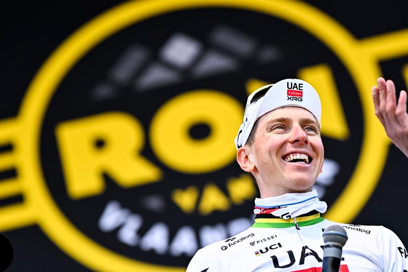 Slovenian Tadej Pogacar of UAE Team Emirates celebrates on the podium after winning the men's race of the 'Ronde van Vlaanderen/ Tour des Flandres/ Tour of Flanders' one day cycling race, 268,9km from Brugge to Oudenaarde, Sunday 06 April 2025. BELGA PHOTO JASPER JACOBS