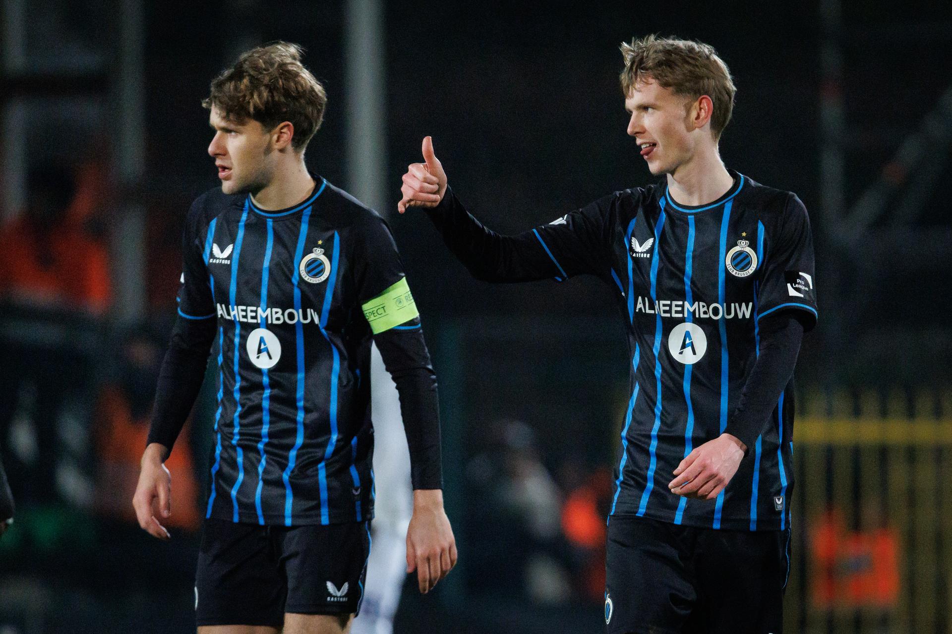 Club's Yanis Musuayi celebrates after scoring during a soccer game between Club NXT and Patro Eisden Maasmechelen, Friday 13 February 2026 in Roeselare, on day 25 of the 2025-2026 'Challenger Pro League' 1B second division of the Belgian championship. BELGA PHOTO KURT DESPLENTER