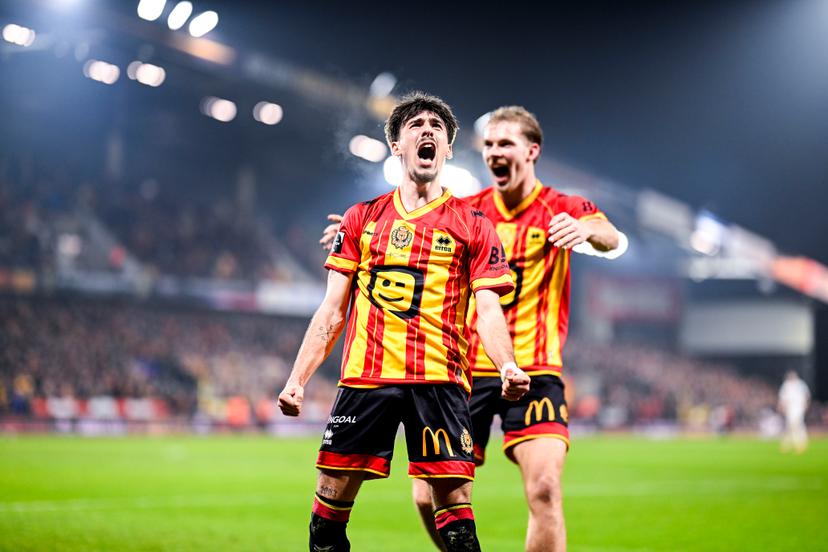 Mechelen's Keano Kiki Vanrafelghem celebrates after scoring during a soccer match between KV Mechelen and Royal Antwerp FC, Sunday 08 February 2026 in Mechelen, on day 24 of the 2025-2026 'Jupiler Pro League' first division of the Belgian championship. BELGA PHOTO TOM GOYVAERTS