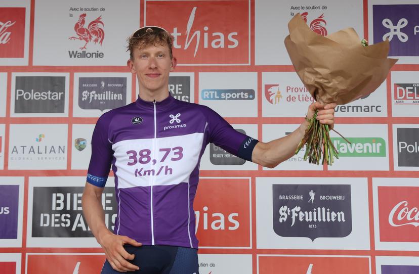 British Lewis Askey of Groupama-FDJ celebrates on the podium after stage 3 of the Tour De Wallonie cycling race, from Mouscron to Thuin (192 km), Friday 26 July 2024. This year's Tour de Wallonie takes place from 22 to 26 July 2023. BELGA PHOTO VIRGINIE LEFOUR