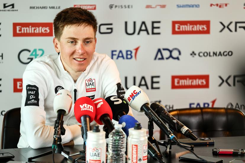 Slovenian Tadej Pogacar of UAE Team Emirates pictured during a press conference of the UAE Team Emirates cycling team ahead of the Ronde van Vlaanderen / Tour des Flandres / Tour of Flanders cycling race, Thursday 03 April 2025 in Waregem. The 109th edition of the cycling race will take place on Sunday 06 April. BELGA PHOTO DAVID PINTENS