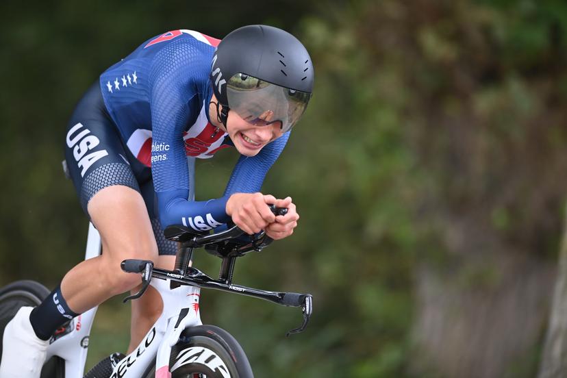 American Matthew Riccitello pictured in action during the U23 men individual time trial race, 30,3 km from Knokke-Heist to Brugge, at the UCI World Championships Road Cycling Flanders 2021, in Brugge on Monday 20 September 2021. The Worlds take place from 19 to 26 September 2021, in several cities in Flanders, Belgium. BELGA PHOTO DAVID STOCKMAN