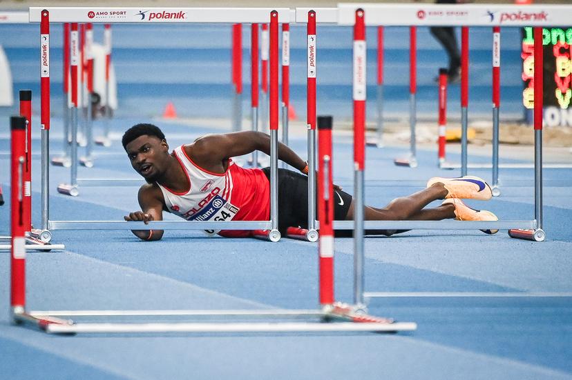 Belgian Elie Bacari lays on the ground after falling during the 60m race final at the Belgian indoor athletics championships, on Sunday 01 March 2026 in Louvain-la-Neuve. BELGA PHOTO ELIAS ROM