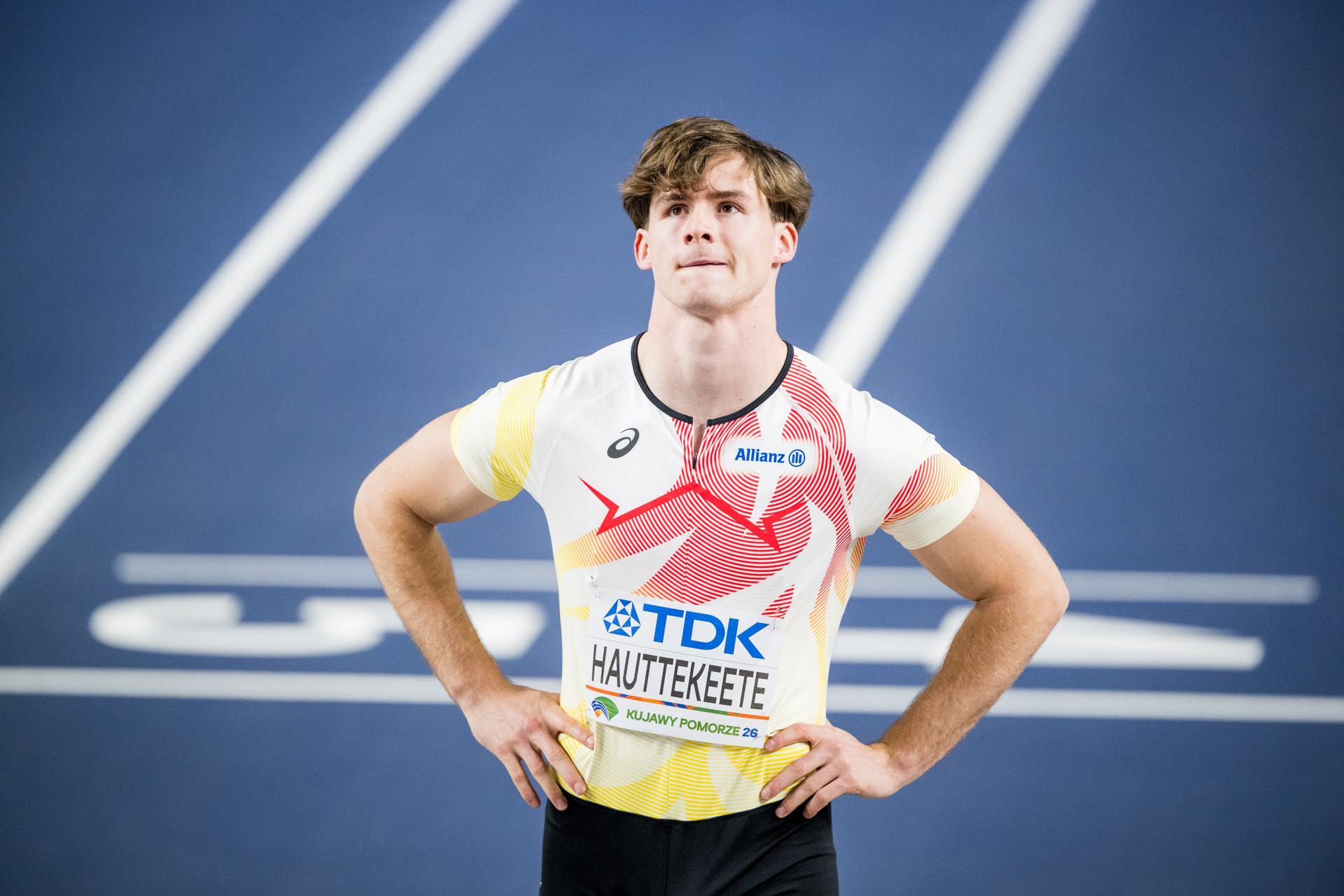 Belgian Jente Hauttekeete reacts after the 60m race of the men's Heptathlon competition, at the first day of the World Athletics Indoor Championship in Torun, Poland on Friday 20 March 2026. The championships take place from 20 to 22 March. BELGA PHOTO JASPER JACOBS