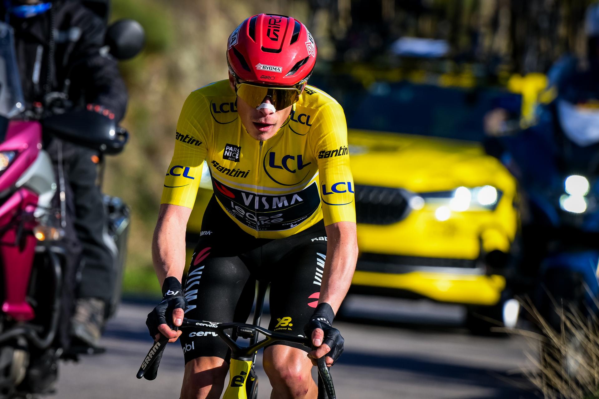 Danish Jonas Vingegaard of Team Visma-Lease a Bike pictured in action during the fifth stage of 84th edition of the Paris-Nice cycling race, a race from Cormoranche-sur-Saone to Colombier-le-Vieux (205,4km), on Thursday 12 March 2026. BELGA PHOTO DAVID PINTENS