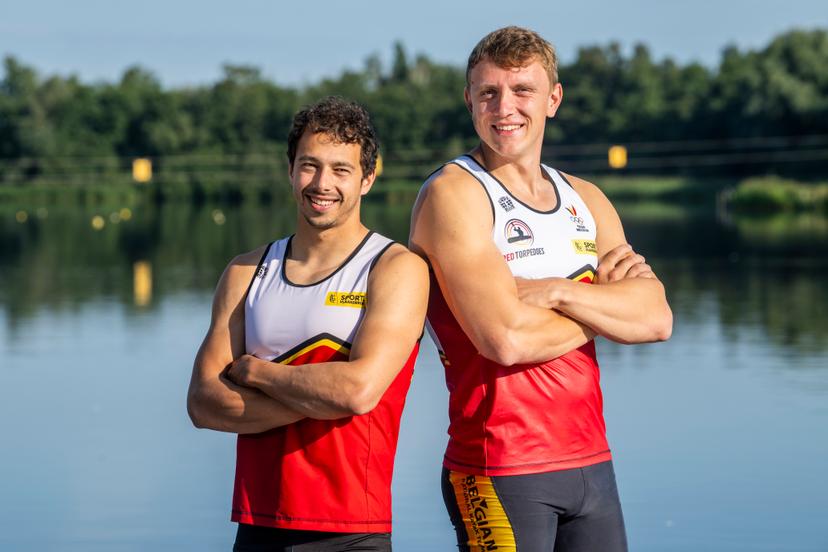 Red Torpedoes' kayaker Bram Sikkens and Red Torpedoes' kayaker Artuur Peters pose for the photographer at a press conference organized by the Vlaamse Roeiliga and Peddelsport Vlaanderen, ahead of the Olympic Games in Parijs 2024, Friday 11 August 2023 in Willebroek. During this press conference, the selection criteria and the athletes towards the Paris Olympics will be presented. BELGA PHOTO TOM GOYVAERTS