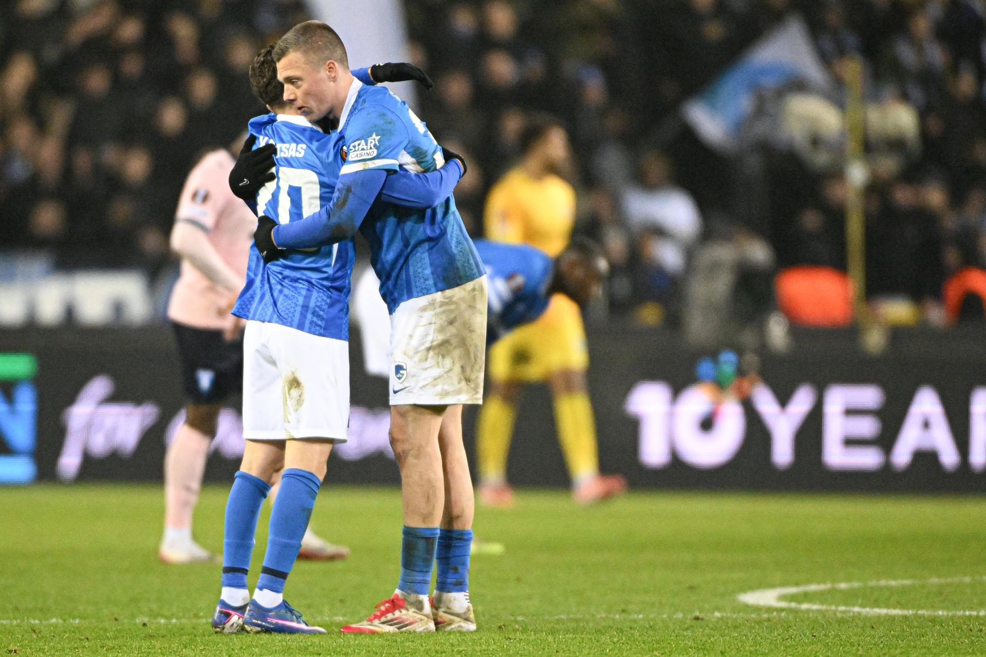 Genk's Konstantinos Kos Karetsas and Genk's Daan Heymans celebrate after winning a soccer game between Belgian soccer team KRC Genk and Swedish team Malmo FF, in Genk, on Thursday 29 January 2026, on day eight of the League phase of the UEFA Europa League tournament. BELGA PHOTO JILL DELSAUX