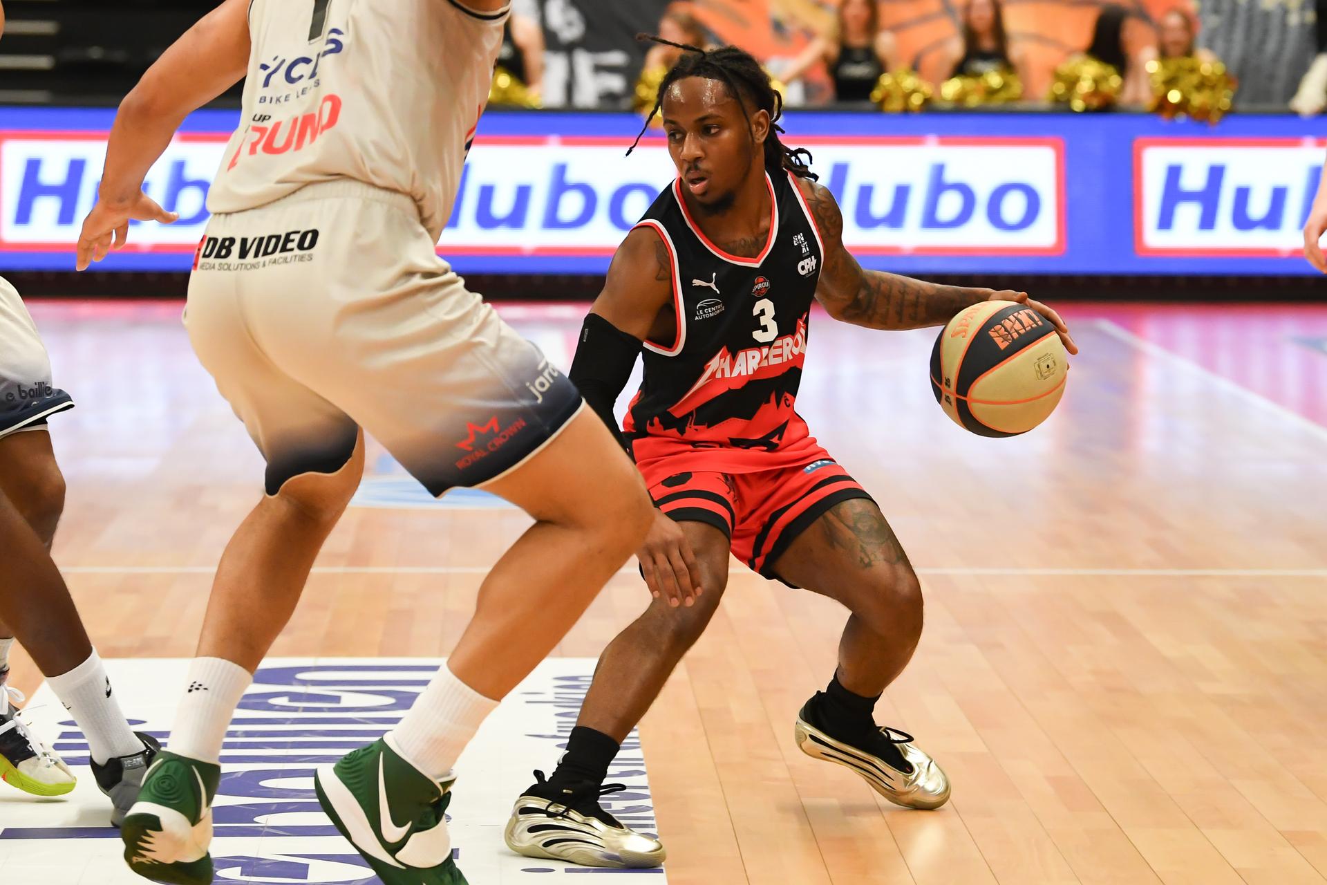 Spirou's Christopher Lykes pictured in action during a basketball match between Limburg United and Spirou Charleroi, Wednesday 12 March 2025 in Hasselt, on day 25 of the 'BNXT League' first division basket championship. BELGA PHOTO JILL DELSAUX