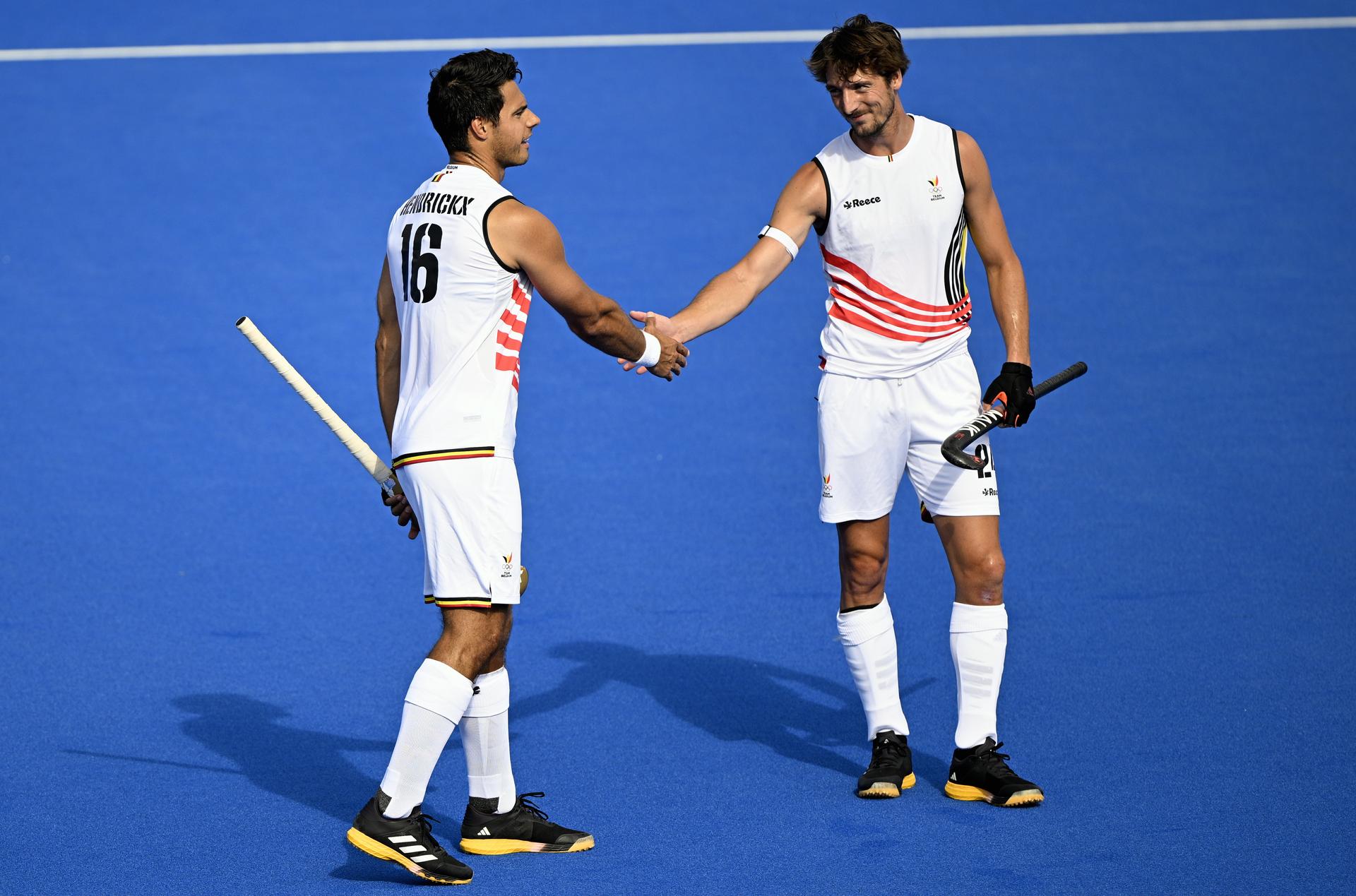 Belgium's Alexander Hendrickx and Belgium's Antoine Kina celebrate after scoring during a hockey game between New Zealand and Belgium's national team the Red Lions, game 2 in the men's pool B at the Paris 2024 Olympic Games, on Sunday 28 July 2024 in Paris, France. The Games of the XXXIII Olympiad are taking place in Paris from 26 July to 11 August. The Belgian delegation counts 165 athletes competing in 21 sports. BELGA PHOTO JASPER JACOBS