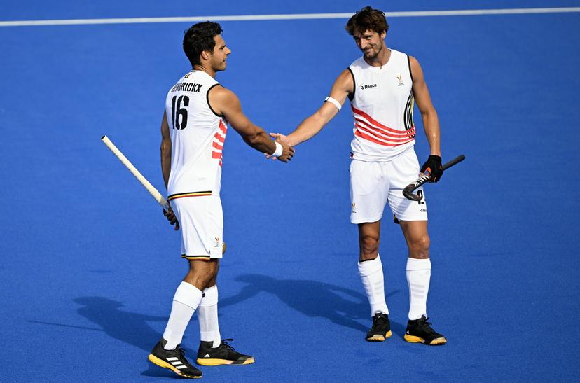 Belgium's Alexander Hendrickx and Belgium's Antoine Kina celebrate after scoring during a hockey game between New Zealand and Belgium's national team the Red Lions, game 2 in the men's pool B at the Paris 2024 Olympic Games, on Sunday 28 July 2024 in Paris, France. The Games of the XXXIII Olympiad are taking place in Paris from 26 July to 11 August. The Belgian delegation counts 165 athletes competing in 21 sports. BELGA PHOTO JASPER JACOBS