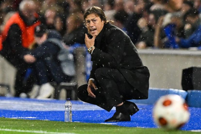 AEK's Argentinian head coach Matias Jesus Almeyda reacts during the UEFA Europa League Group B football match between Brighton and Hove Albion and AEK Athens at the American Express Community Stadium in Brighton, southern England on September 21, 2023.  Glyn KIRK / AFP
