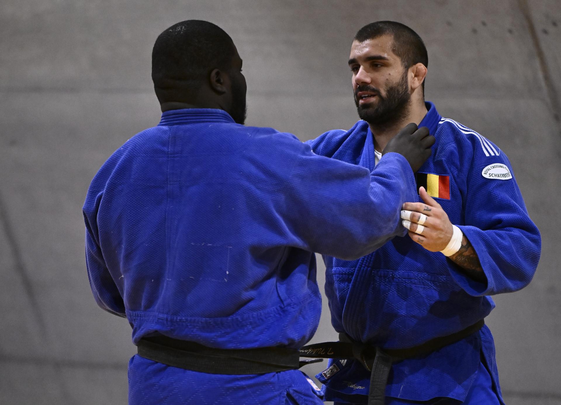 Belgian Toma Nikiforov and Belgian Yves Ndao pictured in action during a press moment of the Belgian selection for the upcoming European Championships judo, on Tuesday 15 April 2025 in Wilrijk. The euros are taking place in Podgorica, Montenegro from 23 to 27 April. BELGA PHOTO ERIC LALMAND