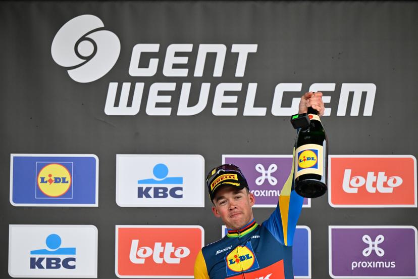 Danish Mads Pedersen of Lidl-Trek celebrates on the podium after winning the men's Gent-Wevelgem - In Flanders Fields cycling race, 253.1 km from Ieper to Wevelgem, Sunday 24 March 2024. BELGA PHOTO ERIC LALMAND
