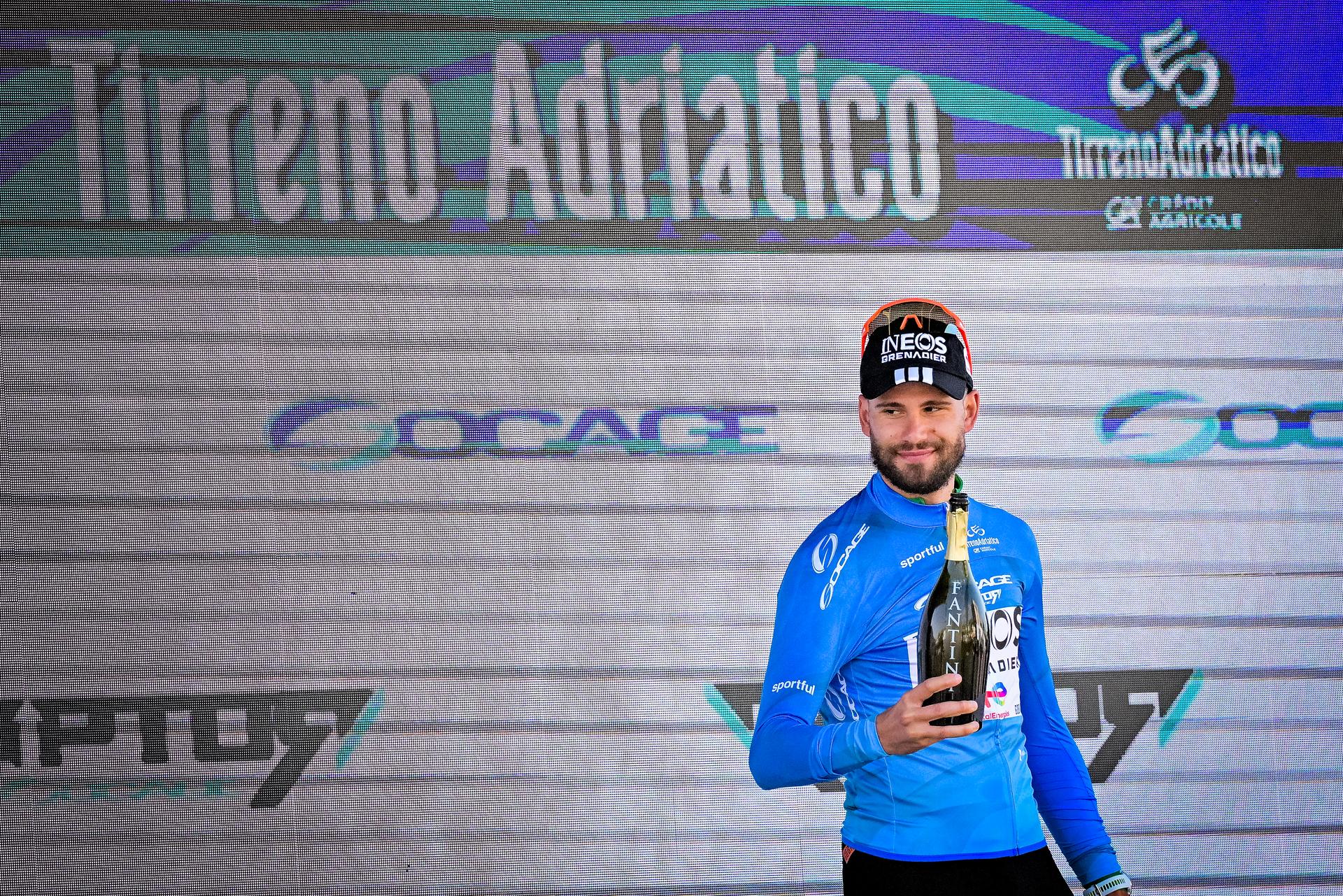 Italian Filippo Ganna of INEOS Grenadiers pictured on the podium after the first stage of the Tirreno-Adriatico cycling race, a 11,5km individual time trial in Lido di Camaiore, Italy, Monday 09 March 2026. BELGA PHOTO DIRK WAEM
