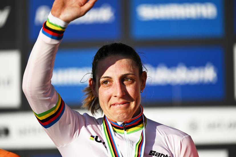 Winner Dutch Lucinda Brand celebrates wearing the world champion jersey on the podium of the elite women race at the UCI Cyclocross World Championships, on Saturday 31 January 2026, in Hulst, The Netherlands. BELGA PHOTO DAVID PINTENS